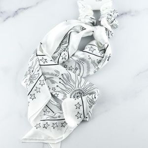 White satin scarf and scrunchie Astro print theme